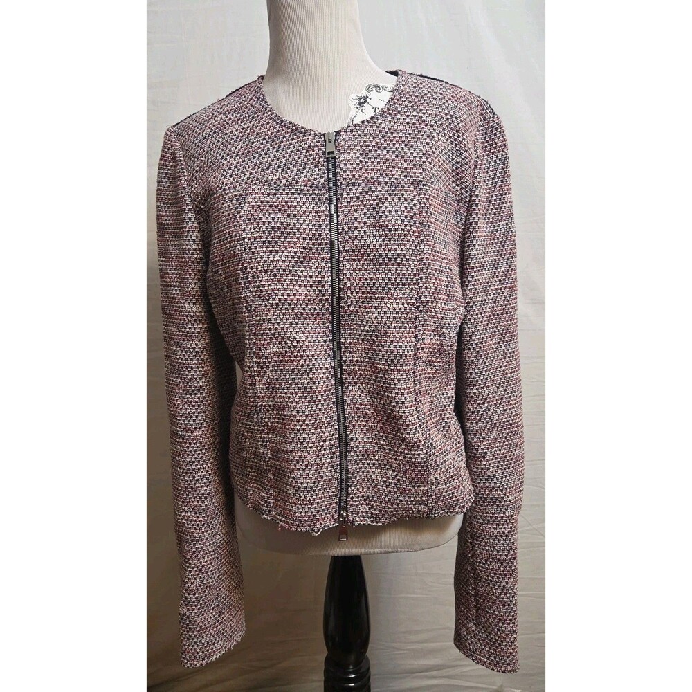 Theory Ualana Z Beacon Tweed Jacket Size 10 Pink Navy White Full Zip Semi-Crop
